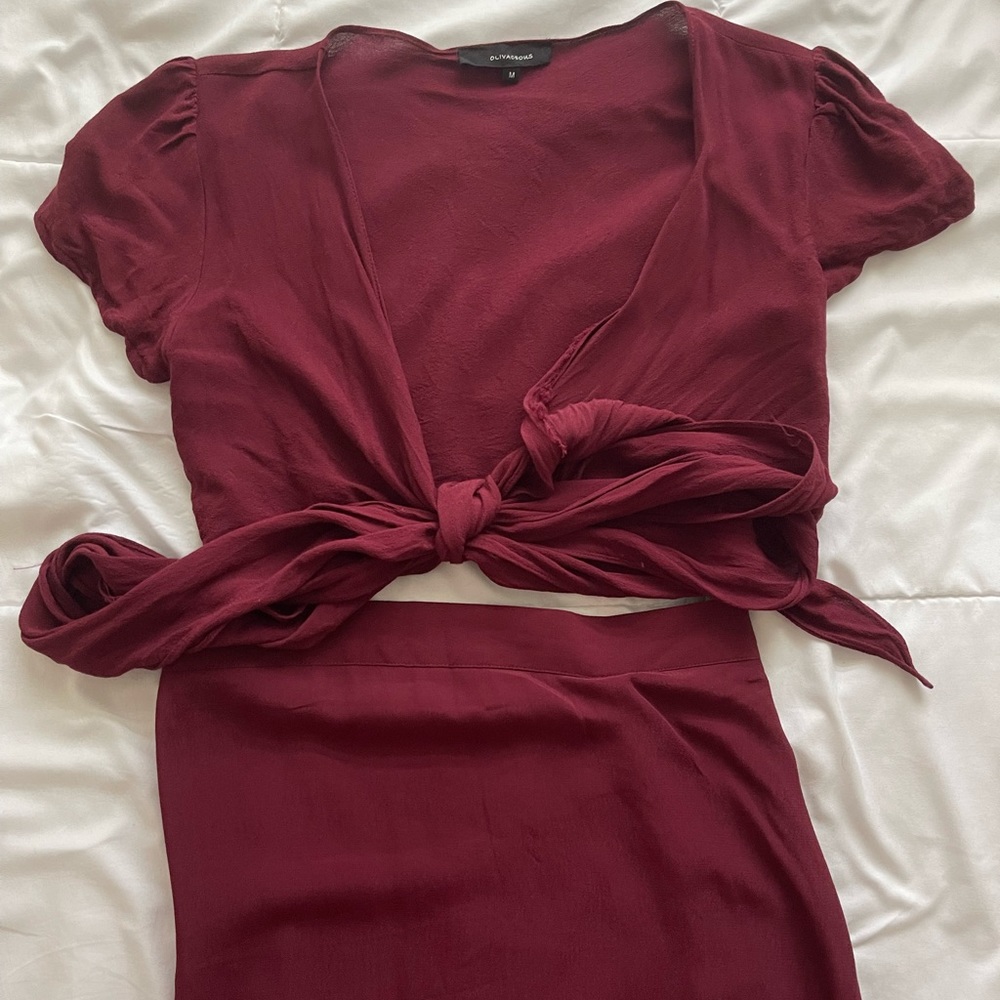 Olivaceous wrap shirt/skirt set
